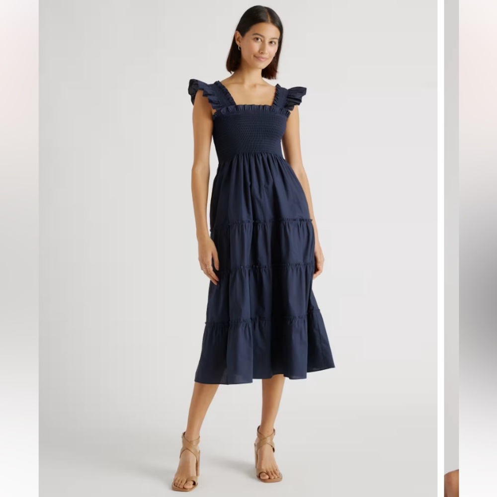 Quince 100% Organic Cotton Poplin Smocked Midi Dress Navy blue medium tiered